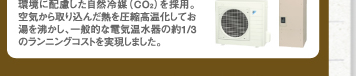 環境に配慮した自然冷媒（CO2）を採用。空気から取り込んだ熱を圧縮高温化してお湯を沸かし、一般的な電気温水器の約1/3のランニングコストを実現しました。